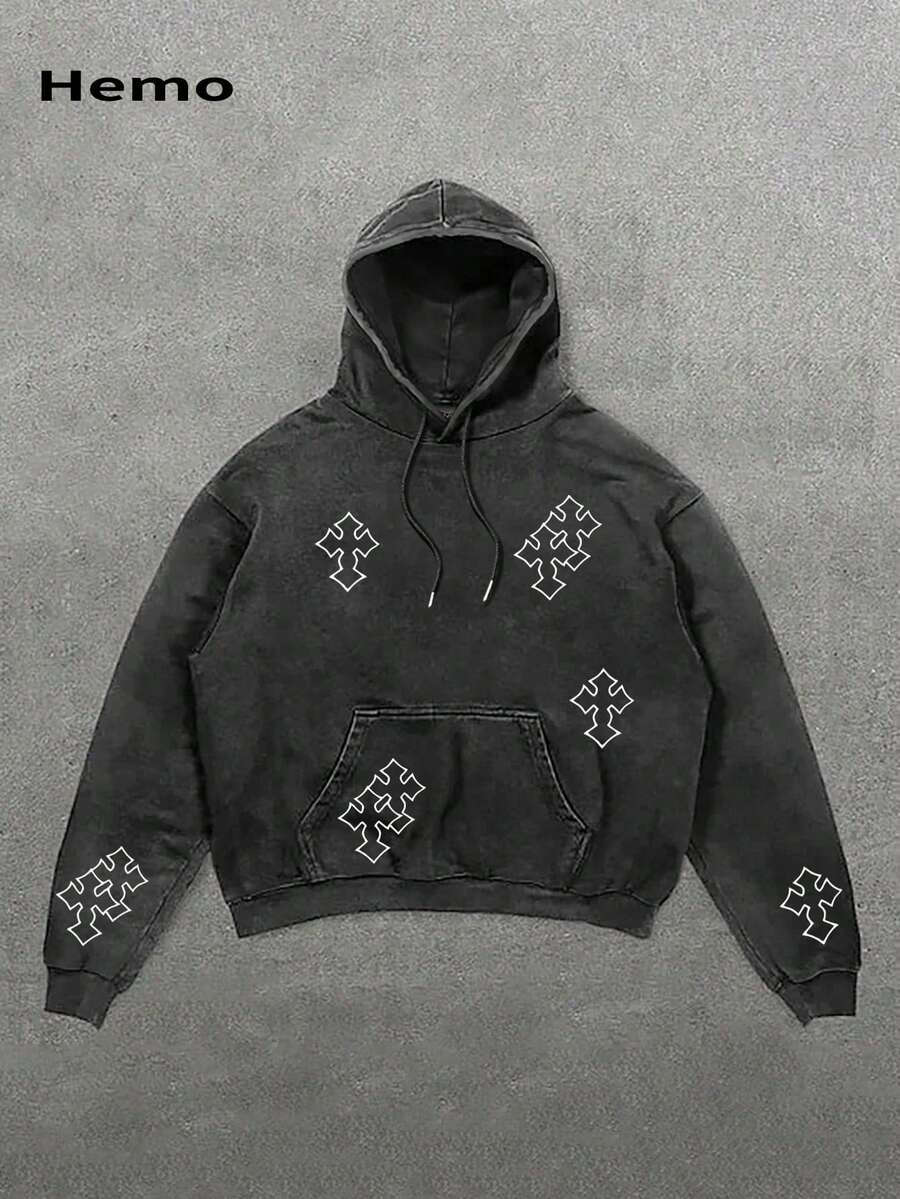 Hemo para hombre, sudadera con capucha con cordón y estampado gráfico retro de calle, ajuste regular, casual y cómoda, con bolsillo canguro, adecuada para uso diario, otoño/invierno - Negro - Ver 1