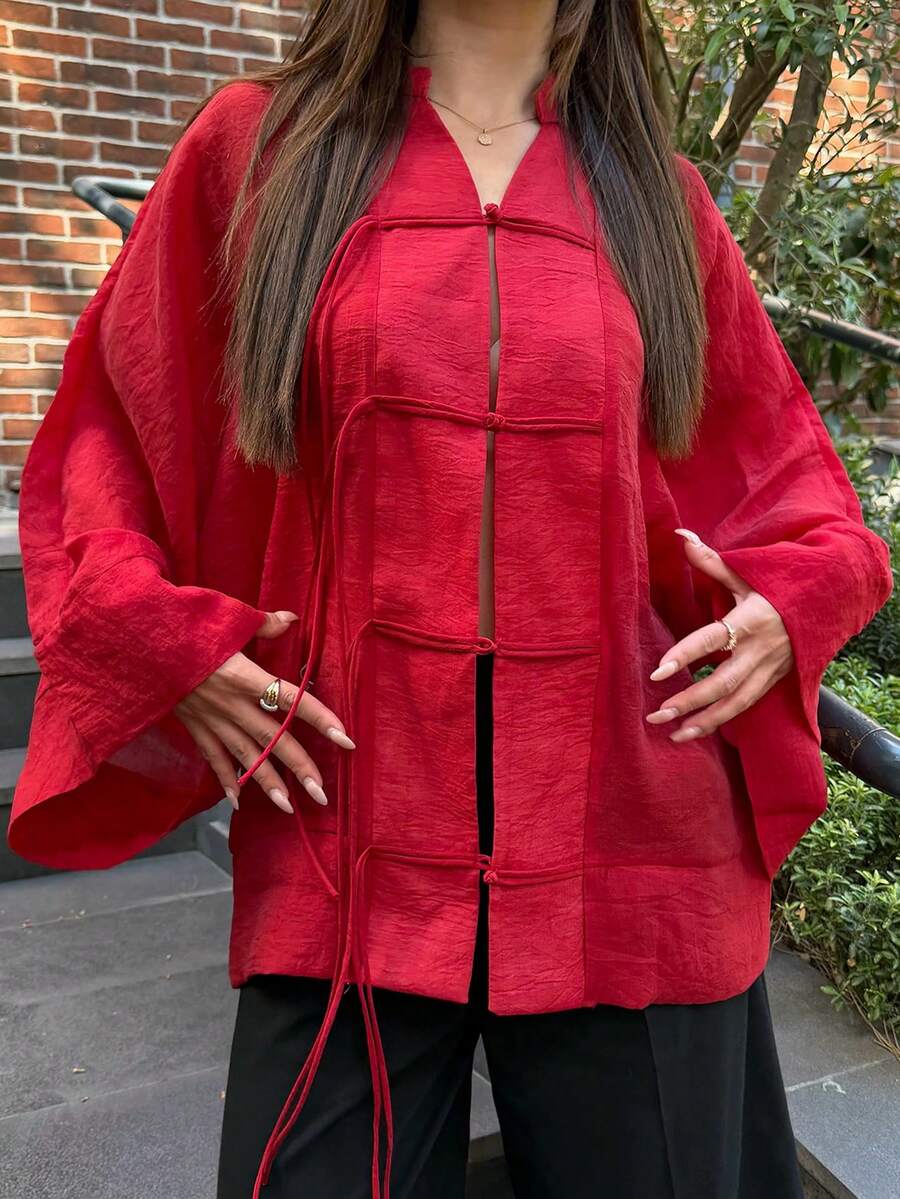 New Fashion Elegant Solid Color Women's Vintage Shirt Home Wear All Season Top Red - Red - View 1
