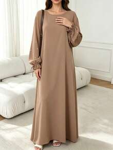 Elegant Double Layer Khimari Long Robe, Pearl Decorated Drawstring Sleeves, Loose Fit Modest Long Dress, Suitable For Middle Eastern Women - Multicolor - View 4