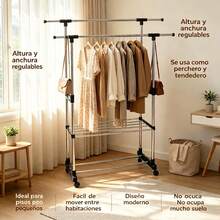 Double Rail Stainless Steel Garment Rack With Wheels And Adjustable Height, Extendable Clothes Drying Rack With Bottom Shoe Shelf, Bedroom And Balcony Organizer - A - 查看 2
