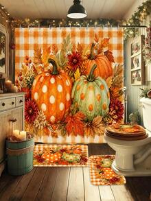1/3/4pcs Orange & White Plaid Pumpkin Red Maple Autumn Leaf Pattern Bathroom Shower Curtain Set, Cute & Playful Style, 72*72 Inches, Waterproof Shower Curtain Bathroom Accessories - Includes 12 Plastic Hooks - Includes Toilet Lid Cover, U-Shaped Non-Slip Bath Mat And Soft Plush Rug - Washable, Mildew-Resistant - Perfect For Halloween / Thanksgiving Holiday Decor, Home Decor, Room Decor, Back To School Gift. Exquisite Housewarming Gift - A - View 2