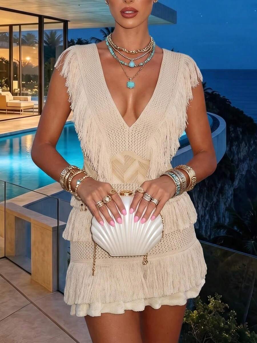 度假風米色深V領流蘇紋理面料洋裝,婚禮季 MessyChic 派對洋裝,秋季 - 乳白色 - 查看 1