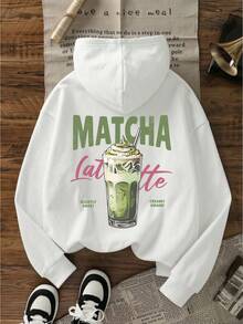 Sweatshirt Berkerudung Wanita, Motif Minuman Musim Gugur/Dingin Terbaru & Cetakan Huruf, Desain Tali Serut, Dengan Saku, Putih Kasual Musim Gugur - Putih - View 6