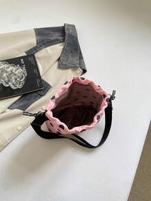 1pc Nylon Solid Color Drawstring Bucket Bag With Plush Pendant Accessory, Fashion Crossbody Shoulder Bag For Women - Pink - View 6