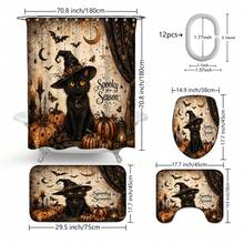 1pc/4pcs Magic Black Cat Pumpkin Pattern Shower Curtain, Halloween Home Decor Printed Bathroom Partition Curtain, Comes With 12 Hooks, Universal Bathroom Accessory, Halloween Vintage Farmhouse Style Bathroom Decor, Single Curtain Available In 150*180cm+180*180cm+180*200cm, 4pcs Set Size (180*180cm+45*75cm+45*38cm+38*45cm) - Magic Black Cat - View 13