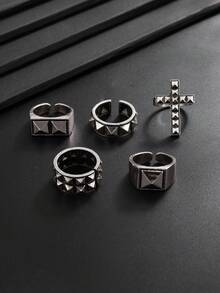 5pcs Personalized Punk Rivet Cross Rings, Men's Street Hip Hop Geometric Metal Accessories, Suitable For Daily Wear, Party, Music Festival, Holiday Gift For Family And Friends - White K - View 5