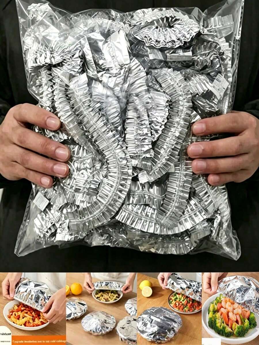 100pcs Aluminum Foil Insulated Covers, Reusable Food Packaging For Kitchen And Dining Table, Picnic, Camping And Home Use, Camping Food Warmers, Covers, Reusable Food Storage Covers, Fresh-Keeping Film Refrigerator Organizer Boxes