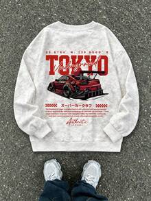 Sweatshirt Anak Laki-Laki Gaya Vintage Acid Wash, Motif Balap Tokyo Underground di Bagian Belakang, Gaya Streetwear Musim Gugur/Dingin, Atasan Kampus - Putih - View 3