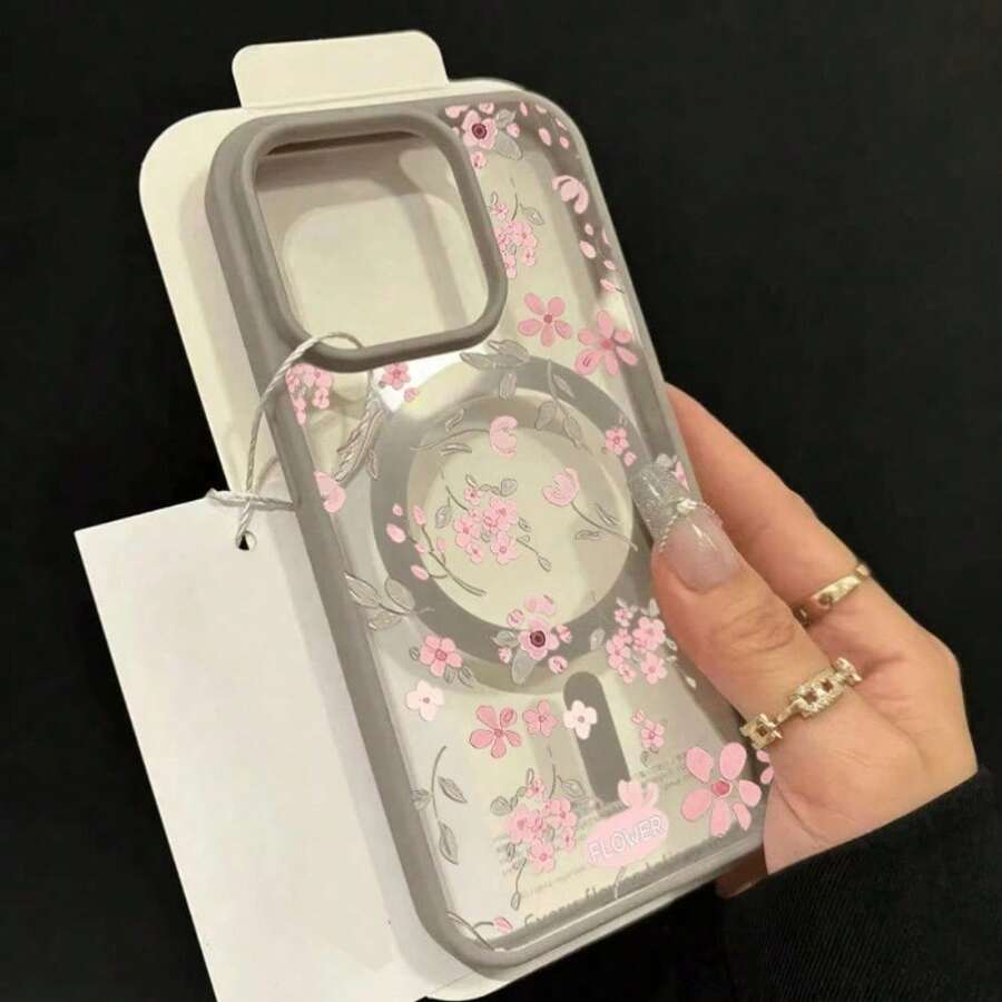 Pink Flower Graffiti Design Pattern Mobile Phone Case Is Suitable For IPhone16 15 14 13 12ProMAX Soft Edge 11 Shock-Proof Protective Case, Suitable For Gifts For Male And Girlfriend - 灰色 - 查看 1