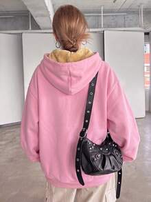 Women's Thermal Lined Hooded Sweatshirt, Casual Drawstring Kangaroo Pocket Loose Fit Sweatshirt, Thick Warm Plush Lining Pullover - Pink - View 6
