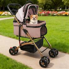 Pet Stroller With 4 Swivel Wheels With Brakes, Load Capacity 30 Kg, Cat Stroller, Removable Stand, Storage Basket Cushion For Small/Medium Dogs - Khaki - View 2