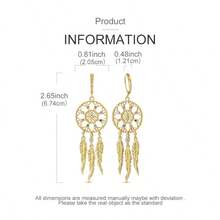 1 Pair Women's Hoop Earrings, 18K Gold Plated Dreamcatcher Feather Earrings, 925 Sterling Silver Inlaid With Colorful Cubic Zirconia, Elegant Jewelry Gift - Gold - View 3