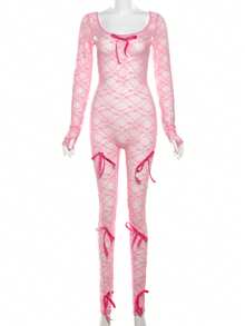 Women's Solid Color Bow Decor Skinny Jumpsuit, Simple Everyday Wear Pink Spring Elegant - Pink - View 2