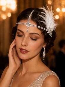1pc 1920s Flapper White Feather Forehead Headband With Rhombus Rhinestone Water Drop Pendant, Gatsby Women's Evening Party Headpiece - Rhinestones - View 2