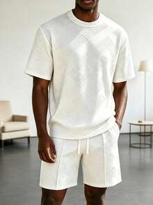 2pcs/Set Men's Textured T-Shirt + Shorts Set, French Casual Vacation Style - Apricot - View 1
