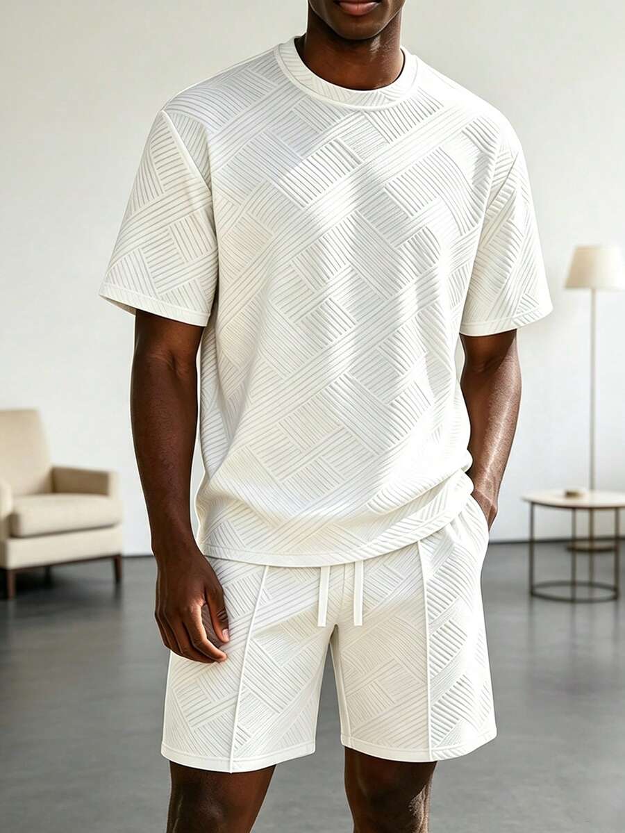 2pcs/Set Men's Textured T-Shirt + Shorts Set, French Casual Vacation Style - Apricot - View 1