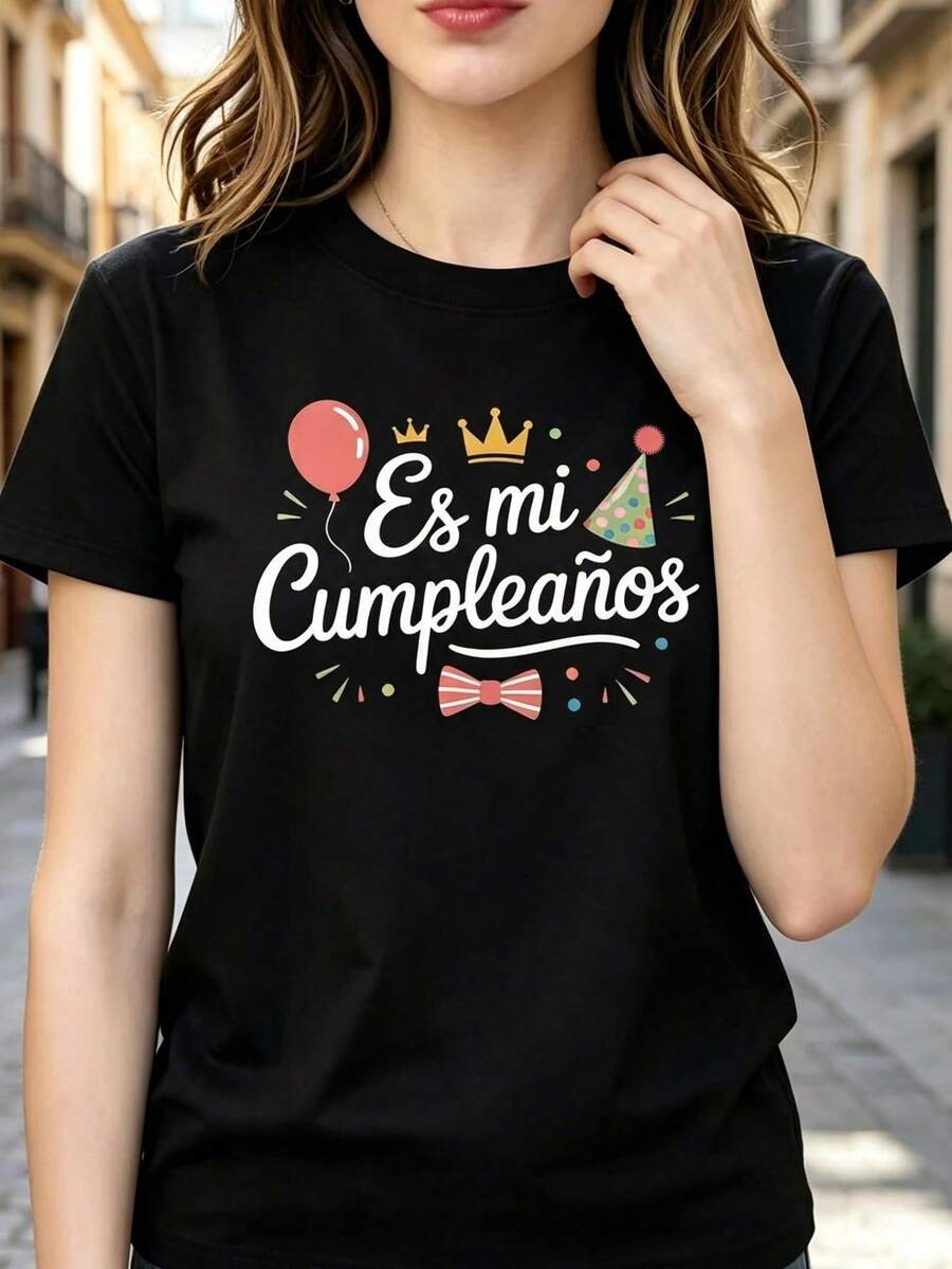 100% Cotton Women Black Cotton Casual Short Sleeve Regular T-Shirt With Mountain And Reflection Graphic Print - Black - View 1