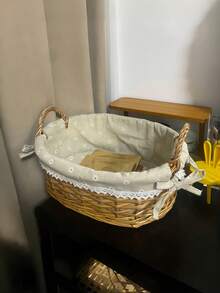 1pc Vintage French Country Style Wicker Storage Basket With Lace Ribbon Decoration, Handwoven Rattan Storage Basket, Suitable For Camping, Beach, Park, Garden Party Photo Props And Home Storage - Wicker Basket - View 4