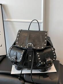 Dedoo Mochila con solapa y cordón, unicolor con ribete de remaches, bolsillos dobles, gran capacidad, mochila escolar, campus universitario, mochila diaria de estudiante estilo retro punk - Negro - Ver 9