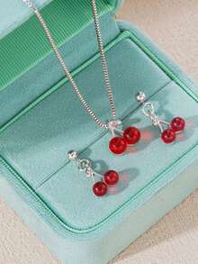 1pc S925 Sterling Silver Gentle Cute Mori Style Fresh Cherry Pendant Necklace, Unique Design Lively Playful Clavicle Chain, Niche Sweet Romantic Atmosphere Light Luxury Versatile Casual Party Neck Accessory For Women - Cherry - View 8