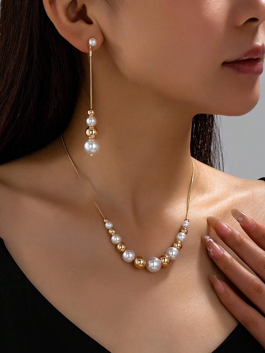 1 Set Minimalist Fashion Snake Chain With Faux Pearl And CCB Spacer Beads Necklace And Earrings Set, Elegant Women's Contrast Color Beaded Necklace And Earrings Set, Suitable For Daily Wear, Dating, Afternoon Tea, Party And Other Occasions - Beaded Necklace and Earrings Set - View 1