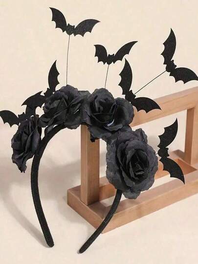 1pc Halloween Party Headband - Cute Witch Hat With Black Artificial Flowers, Gothic Bat Hair Clip, Dark Roleplay Accessory, Halloween Gift