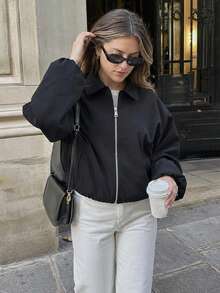 Women's Short Jacket, Long Sleeve Cropped Bomber Jacket, Black, Spring/Autumn - Black - View 2