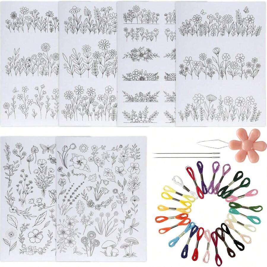 LAMYA 6 Sheets Water Soluble Embroidery Patterns Stick And Stitch Embroidery Paper Wash Away Wildflowers & Flowering Shrubs Designs For Hand Sewing Lover Beginners With Embroidery Thread Set