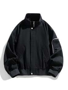 American Vintage Stand Collar Workwear Jacket Denim Fashion Streetwear Style Unisex Spring Autumn - Black - View 2