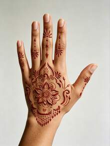 4pcs Henna Style Floral Tattoo Stencils, Flower Paisley Fingertip Chain Pattern, Reusable Henna Template Stickers, Daily/Wedding/Eid DIY Body Art Tools,Formulated Without Henna - Black - View 6