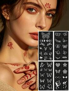 4pcs INS Style Butterfly Series Tattoo Templates, Minimalist Butterfly & Cute Tattoo Stickers, Suitable For Commute, Casual, Sweet Outfits - Black - View 13