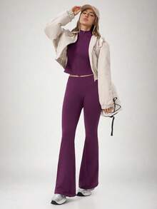 NcmRyu One Set Women's Seamless Ribbed Zip-Up Mock Neck Long Sleeve Flare Pants Sports Set - Purple - View 10