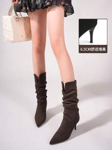 Women's Ruched Boots, Solid Color Stiletto High Heel Mid-Calf Boots, Autumn/Winter Riding Boots, Fashion Boots - Brown - View 4