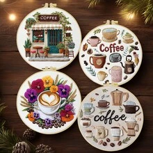 1 buah, ukuran 20*20cm/7.9*7.9in, Perlengkapan Bordir Kedai Kopi, Set Bordir Buatan Tangan DIY untuk Pemula Dewasa, Hadiah Rumah, Hadiah Menjahit Wanita, Termasuk Panduan Pengguna, Kain Pola Cetak, Bingkai Bordir, Jarum dan Benang. - Kedai kopi - View 3