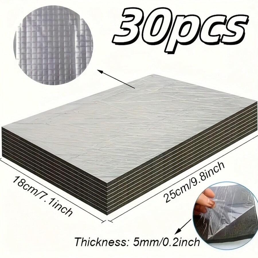 30pcs Self-Adhesive Heavy Duty Car Soundproofing & Heat Insulation Pads, Multi-Layer Peel-And-Stick Insulation For Car Doors, Engine Bay And Roof, High-Temperature Resistant Noise Reduction Pads, Easy Installation Without Tools - 30pcs-25*18cm - View 1