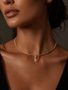 STONEFANS 1pc Women's Elegant Gold Rigid Collar Necklace With Sparkling Crystal Water Drop Pendant, Minimalist Clavicle Chain, Suitable For Wedding Guest, Cocktail Party - Gold - View 1