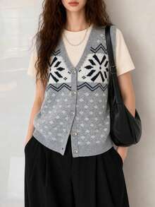 Rompi Pullover Leher V Motif Bunga Gaya Minimalis Elegan Kasual Musim Gugur/Dingin untuk Wanita - Grey - View 4