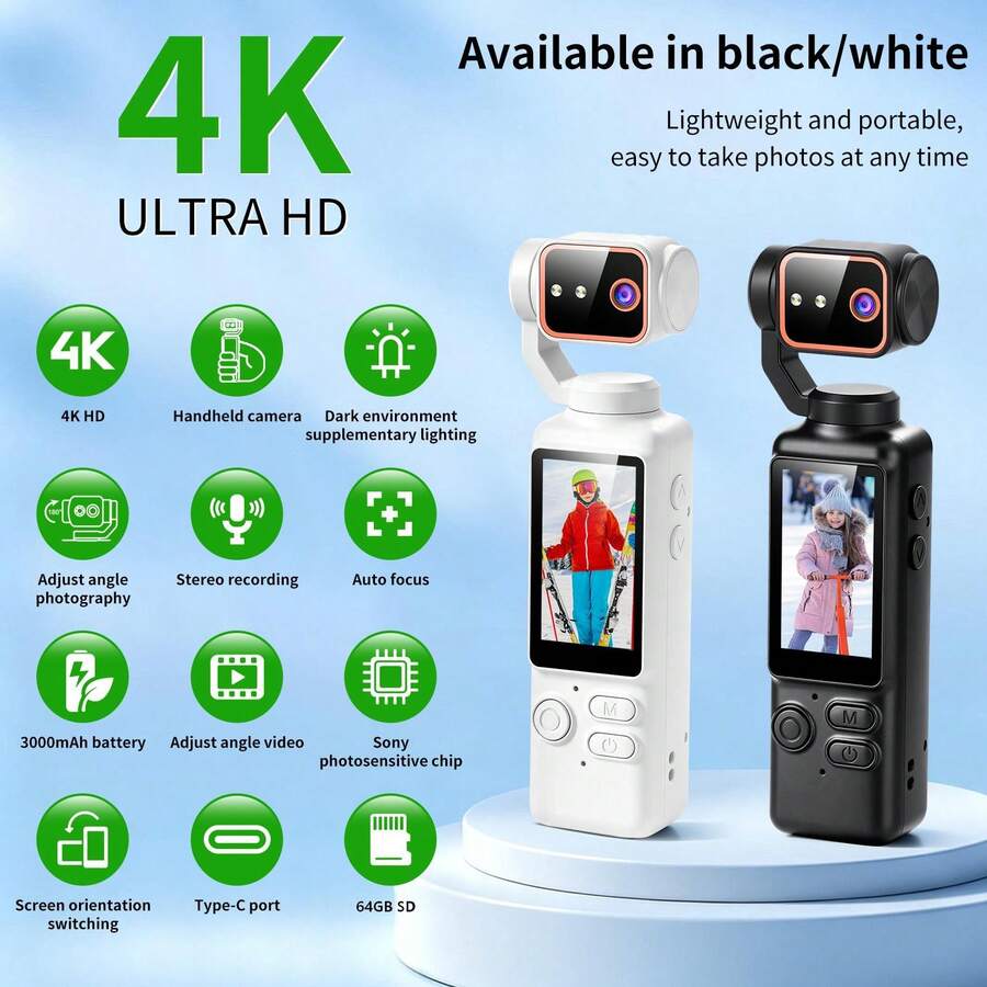 4K超高清手持數位相機,16倍數位變焦,4K影片錄製,高感光晶片,180°旋轉鏡頭,附閃光燈,支援夜拍,自動對焦,風景/人像模式,配備64GB SD卡,3000mAh電池 - 查看 1