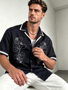 WAIT HIM Men's Summer Casual Vacation Fashion Daily Commute Botanical Print Contrast Binding Short Sleeve Shirt - Black - View 1