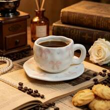 Cangkir dan Tatakan Kopi Keramik Motif Bunga Merah Muda, Mug Lukis Tangan, Cangkir Keramik Bergaya untuk Rumah, Sarapan, Susu, Hadiah Natal - Cangkir dan piring pita merah muda - View 2