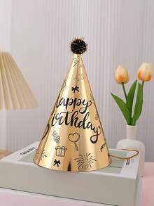 10pcs Metallic Color Happy Birthday Cone Paper Party Hats With Pom Poms, Gold And Laser Silver Printed Birthday Hats With Elastic Cord, Birthday Party Decoration Photo Props, For Celebration Events - Birthday Hat - View 9