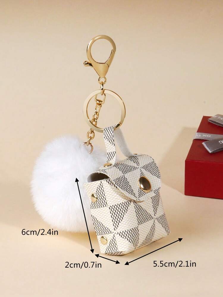 Multifunctional Earphone Pouch Keychain, Mini Coin Purse, Keyring Bag Charm, Cute Pom Pom Pendant - White - View 5