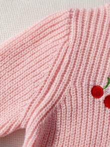 Baby Girl Sweet Cute Solid Color Cherry Embroidery Round Neck Long Sleeve Button Cardigan Sweater Knit Jacket Suitable For Daily Casual School Holiday Spring Autumn Winter - Pink - View 5