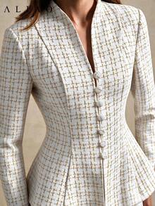 Aliao Autumn/Winter Plaid Shiny Fabric Ruffle Collar Long Sleeve Slim Fit Elegant Jacket, Date Party French Court Style Outerwear Wedding Guest Outfit - White - View 3