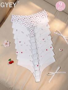 GYEY 9pcs Women's Floral & Heart Print Low Waist Thong Panties, Soft Elastic Cute Pattern Invisible Underwear XS-2XL - Multicolor - View 1