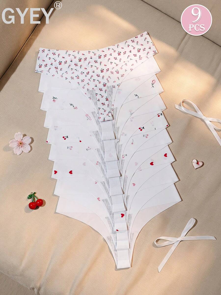 GYEY 9pcs Women's Floral & Heart Print Low Waist Thong Panties, Soft Elastic Cute Pattern Invisible Underwear XS-2XL - Multicolor - View 1