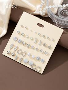 20 Pairs Shiny Rhinestone Faux Pearl Heart & Butterfly Stud Earrings Set, Unique Designs, Women's Jewelry For Daily Wear, Dating, Party, Outing, Holiday Gift - Silver - View 2