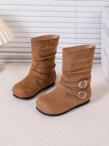 Mid-Calf Flat Boots For Older Children Students, Fashion Pleated Boots - Brown - View 1