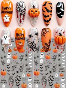 2pcs Cute Ghost Pumpkin Halloween Nail Stickers, Spider Web Spider Bat Horror Design Nail Decals, Suitable For Trick Or Treat Party Nail Decoration, Women Girls Nail Art Supplies - Multicolor - View 1