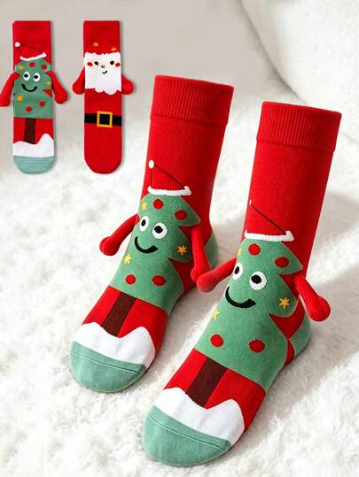 1/2/4 pares de calcetines magnéticos para parejas, estilo Navidad & Día de San Valentín, calcetines de media caña para primavera/otoño, lindos calcetines magnéticos de conexión automática